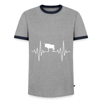 My heart sleeps for Gnu Design - Men's Ringer Shirt - grey/navy  - Front - AI Model Female 172 light (172cm) & AI Model Male 178 light (178cm)