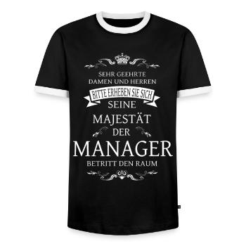 His Majesty the Manager enters the room - Men's Ringer Shirt - black/white - Front - AI Model Female 172 light (172cm) & AI Model Male 178 light (178cm)