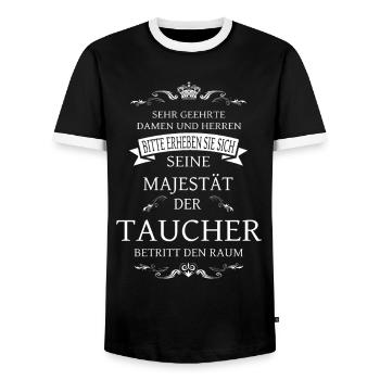 His Majesty the Diver enters the room - Men's Ringer Shirt - black/white - Front - AI Model Female 172 light (172cm) & AI Model Male 178 light (178cm)