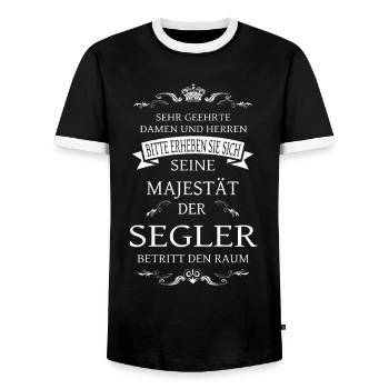 His Majesty the Sailor enters the room - Men's Ringer Shirt - black/white - Front - AI Model Female 172 light (172cm) & AI Model Male 178 light (178cm)