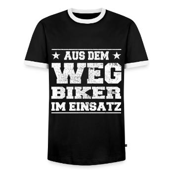 Out of the Way Biker in Action Design - Men's Ringer Shirt - black/white - Front - AI Model Female 172 light (172cm) & AI Model Male 178 light (178cm)