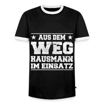 Out of the way Hausmann in action Design - Men's Ringer Shirt - black/white - Front - AI Model Female 172 light (172cm) & AI Model Male 178 light (178cm)
