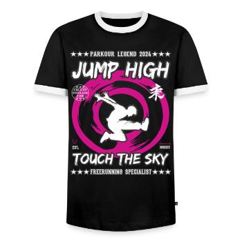 Parkour, saut haut toch Sky. Conception de freerunning - T-shirt contrasté Homme - noir/blanc - Devant - AI Model Female 172 light (172cm) & AI Model Male 178 light (178cm)