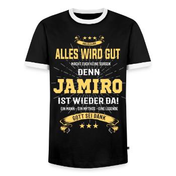 Everything's going to be alright 'cause Jamiro Is Here Outfit - Men's Ringer Shirt - black/white - Front - AI Model Female 172 light (172cm) & AI Model Male 178 light (178cm)