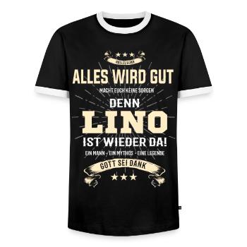 Everything's going to be alright, because Lino Is Here Outfit - Men's Ringer Shirt - black/white - Front - AI Model Female 172 light (172cm) & AI Model Male 178 light (178cm)