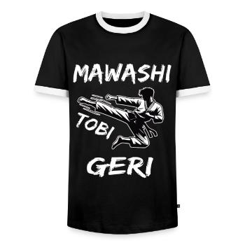 Mawashi Tobi Geri, der Karate Kick im Sprung - Männer Kontrast-T-Shirt - Schwarz/Weiß - Vorne - AI Model Female 172 light (172cm) & AI Model Male 178 light (178cm)
