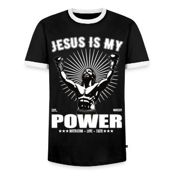 Jesus is my Power - Boxing Design - Männer Kontrast-T-Shirt - Schwarz/Weiß - Vorne - AI Model Female 172 light (172cm) & AI Model Male 178 light (178cm)