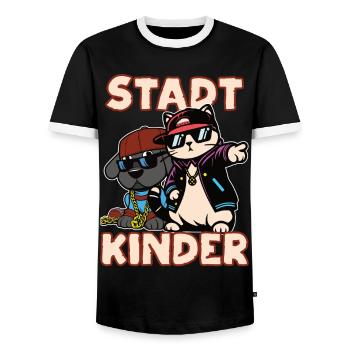 Stadtkinder Design, Hip Hop Katze und Hund - Männer Kontrast-T-Shirt - Schwarz/Weiß - Vorne - AI Model Female 172 light (172cm) & AI Model Male 178 light (178cm)