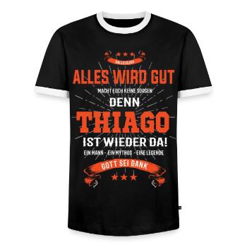 Everything's going to be alright 'cause Thiago Is there Outfit - Men's Ringer Shirt - black/white - Front - AI Model Female 172 light (172cm) & AI Model Male 178 light (178cm)