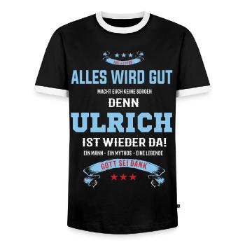 Alles wird gut denn Ulrich Ist da Outfit - Männer Kontrast-T-Shirt - Schwarz/Weiß - Vorne - AI Model Female 172 light (172cm) & AI Model Male 178 light (178cm)