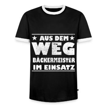 À l’écart du maître boulanger en Action Design - T-shirt contrasté Homme - noir/blanc - Devant - AI Model Female 172 light (172cm) & AI Model Male 178 light (178cm)