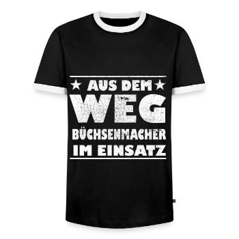 Out of the Way Gunsmith in Action Design - Men's Ringer Shirt - black/white - Front - AI Model Female 172 light (172cm) & AI Model Male 178 light (178cm)