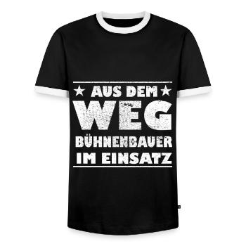 Out of the Way Stage Builder in Action Design - Men's Ringer Shirt - black/white - Front - AI Model Female 172 light (172cm) & AI Model Male 178 light (178cm)