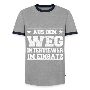 Out of the way interviewer in action Design - Men's Ringer Shirt - grey/navy  - Front - AI Model Female 172 light (172cm) & AI Model Male 178 light (178cm)