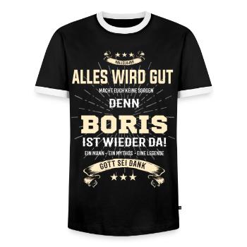 Everything's going to be alright 'cause Boris Is Here Outfit - Men's Ringer Shirt - black/white - Front - AI Model Female 172 light (172cm) & AI Model Male 178 light (178cm)