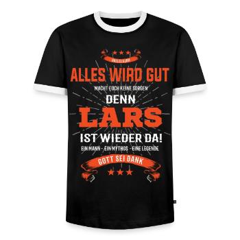 Everything's going to be alright, because Lars Is there Outfit - Men's Ringer Shirt - black/white - Front - AI Model Female 172 light (172cm) & AI Model Male 178 light (178cm)