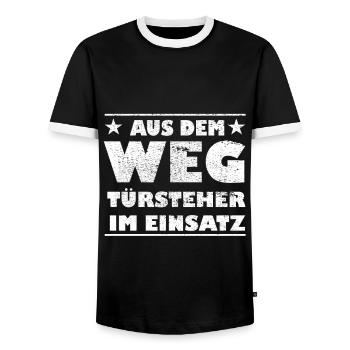 Out of the Way Bouncers in Action Design - Men's Ringer Shirt - black/white - Front - AI Model Female 172 light (172cm) & AI Model Male 178 light (178cm)