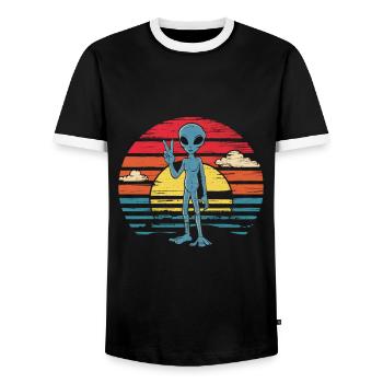 Alien Peace Greeting Retro Sunset - Men's Ringer Shirt - black/white - Front - AI Model Female 172 light (172cm) & AI Model Male 178 light (178cm)