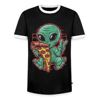 Alien dégustant une pizza signe de paix - T-shirt contrasté Homme - noir/blanc - Devant - AI Model Female 172 light (172cm) & AI Model Male 178 light (178cm)