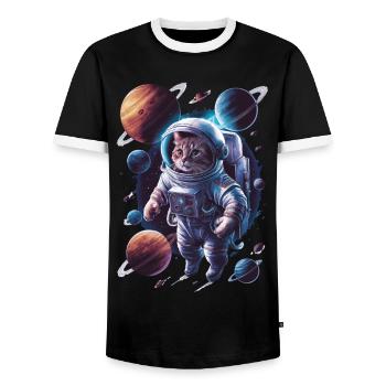 Space Cats Adventure Exploration - Men's Ringer Shirt - black/white - Front - AI Model Female 172 light (172cm) & AI Model Male 178 light (178cm)