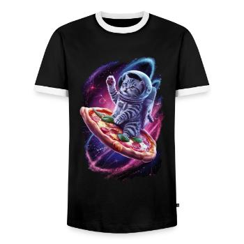 Space Cat with Pizza - Unique Motif - Men's Ringer Shirt - black/white - Front - AI Model Female 172 light (172cm) & AI Model Male 178 light (178cm)