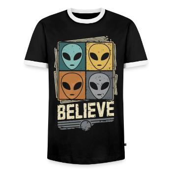 Croyez aux extraterrestres et à l’espace - T-shirt contrasté Homme - noir/blanc - Devant - AI Model Female 172 light (172cm) & AI Model Male 178 light (178cm)