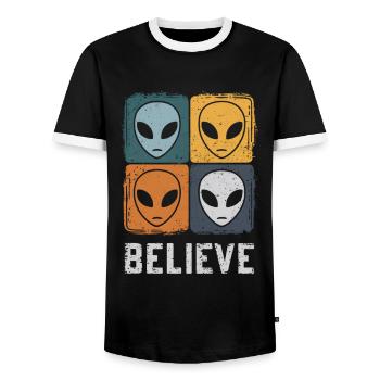Believe in the Unknown Space Adventure - Men's Ringer Shirt - black/white - Front - AI Model Female 172 light (172cm) & AI Model Male 178 light (178cm)