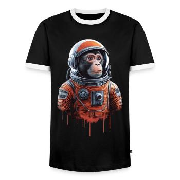 Space Adventure with Astronaut Monkey - Men's Ringer Shirt - black/white - Front - AI Model Female 172 light (172cm) & AI Model Male 178 light (178cm)