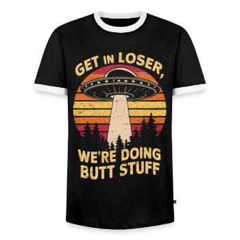 Get on a loser, we're doing nonsense in space - Men's Ringer Shirt - black/white - Front - AI Model Female 172 light (172cm) & AI Model Male 178 light (178cm)