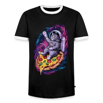 Space Cat on Pizza Galactic Journey - Men's Ringer Shirt - black/white - Front - AI Model Female 172 light (172cm) & AI Model Male 178 light (178cm)