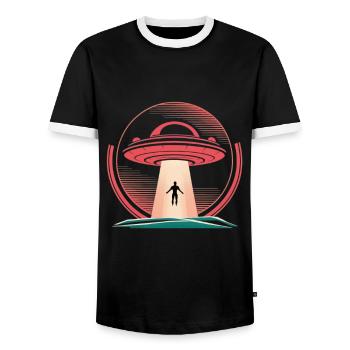 UFO abduction in midnight scene - Men's Ringer Shirt - black/white - Front - AI Model Female 172 light (172cm) & AI Model Male 178 light (178cm)