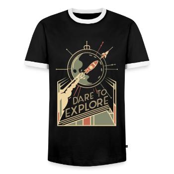 Dare to explore into the unknown - Men's Ringer Shirt - black/white - Front - AI Model Female 172 light (172cm) & AI Model Male 178 light (178cm)