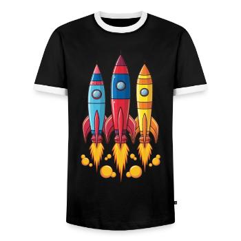 Des fusées colorées commencent l’aventure - T-shirt contrasté Homme - noir/blanc - Devant - AI Model Female 172 light (172cm) & AI Model Male 178 light (178cm)