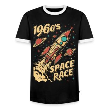 1960s Space Race Rocket - Men's Ringer Shirt - black/white - Front - AI Model Female 172 light (172cm) & AI Model Male 178 light (178cm)