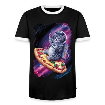 Kitten astronaut on pizza in space - Men's Ringer Shirt - black/white - Front - AI Model Female 172 light (172cm) & AI Model Male 178 light (178cm)