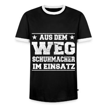 Out of the Way Shoemakers in Action Design - Men's Ringer Shirt - black/white - Front - AI Model Female 172 light (172cm) & AI Model Male 178 light (178cm)