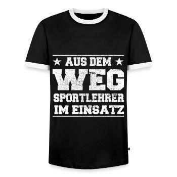 Out of the Way Sports Teacher in Action Design - Men's Ringer Shirt - black/white - Front - AI Model Female 172 light (172cm) & AI Model Male 178 light (178cm)