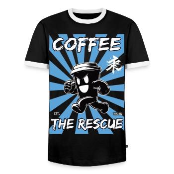 Le café à la rescousse - T-shirt contrasté Homme - noir/blanc - Devant - AI Model Female 172 light (172cm) & AI Model Male 178 light (178cm)