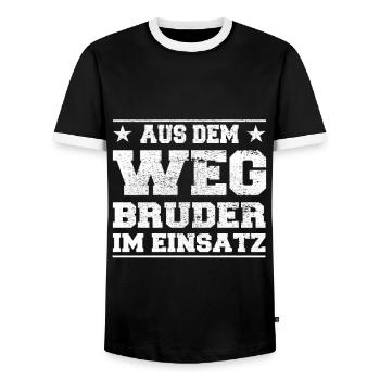 Out of the Way Brother in Action Design - Men's Ringer Shirt - black/white - Front - AI Model Female 172 light (172cm) & AI Model Male 178 light (178cm)