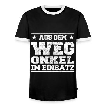 Out of the Way Uncle in Action Design - Men's Ringer Shirt - black/white - Front - AI Model Female 172 light (172cm) & AI Model Male 178 light (178cm)