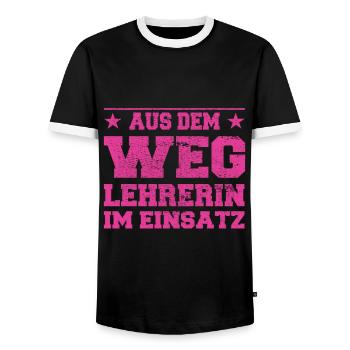 Out of the Way Teacher in Action Design - Men's Ringer Shirt - black/white - Front - AI Model Female 172 light (172cm) & AI Model Male 178 light (178cm)