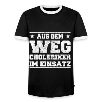 Out of the Way Cholerics in Action Design - Men's Ringer Shirt - black/white - Front - AI Model Female 172 light (172cm) & AI Model Male 178 light (178cm)