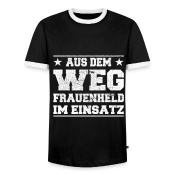 Out of the Way Womanizer in Action Design - Men's Ringer Shirt - black/white - Front - AI Model Female 172 light (172cm) & AI Model Male 178 light (178cm)