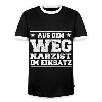 Out of the Way Narcissist in Action Design - Men's Ringer Shirt - black/white - Front - AI Model Female 172 light (172cm) & AI Model Male 178 light (178cm)