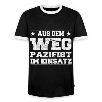 Out of the Way Pacifist in Action Design - Men's Ringer Shirt - black/white - Front - AI Model Female 172 light (172cm) & AI Model Male 178 light (178cm)