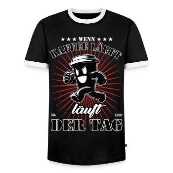 When Coffee Walks, the Day Runs - Coffee Mug - Men's Ringer Shirt - black/white - Front - AI Model Female 172 light (172cm) & AI Model Male 178 light (178cm)