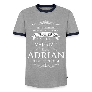 His Majesty the Adrian enters the room - Men's Ringer Shirt - grey/navy  - Front - AI Model Female 172 light (172cm) & AI Model Male 178 light (178cm)