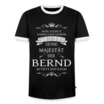 His Majesty Bernd enters the room - Men's Ringer Shirt - black/white - Front - AI Model Female 172 light (172cm) & AI Model Male 178 light (178cm)
