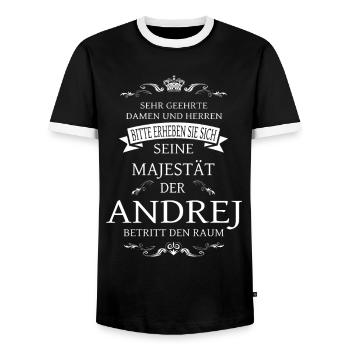 His Majesty Andrej enters the room - Men's Ringer Shirt - black/white - Front - AI Model Female 172 light (172cm) & AI Model Male 178 light (178cm)