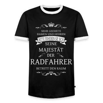 His Majesty the Cyclist enters the room - Men's Ringer Shirt - black/white - Front - AI Model Female 172 light (172cm) & AI Model Male 178 light (178cm)